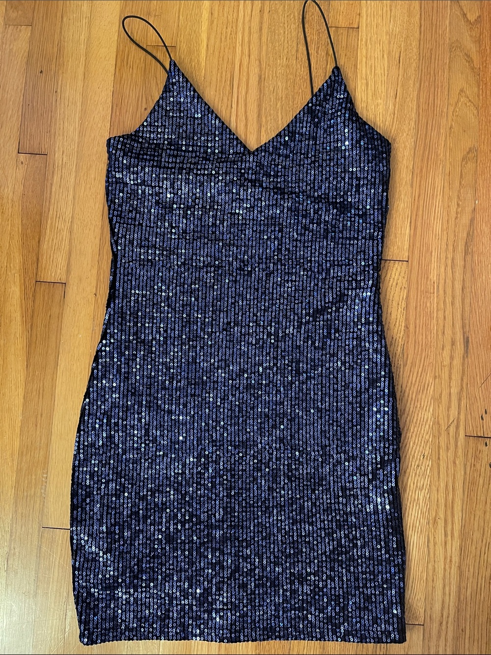 Navy Sequin Slip Dress with Spaghetti Straps